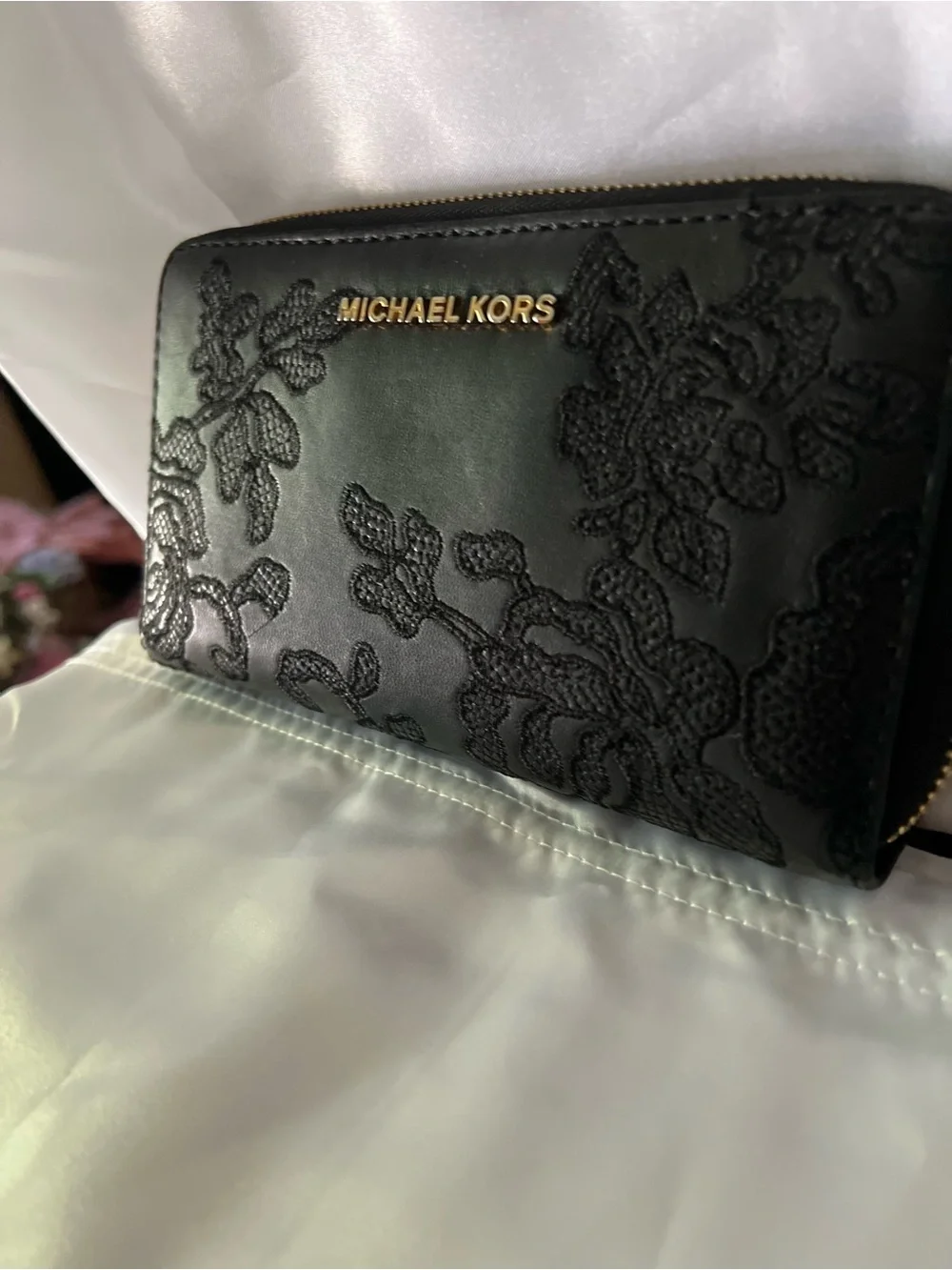 Michael Kors Black Floral Lace Zip-Around Wallet with Gold Logo